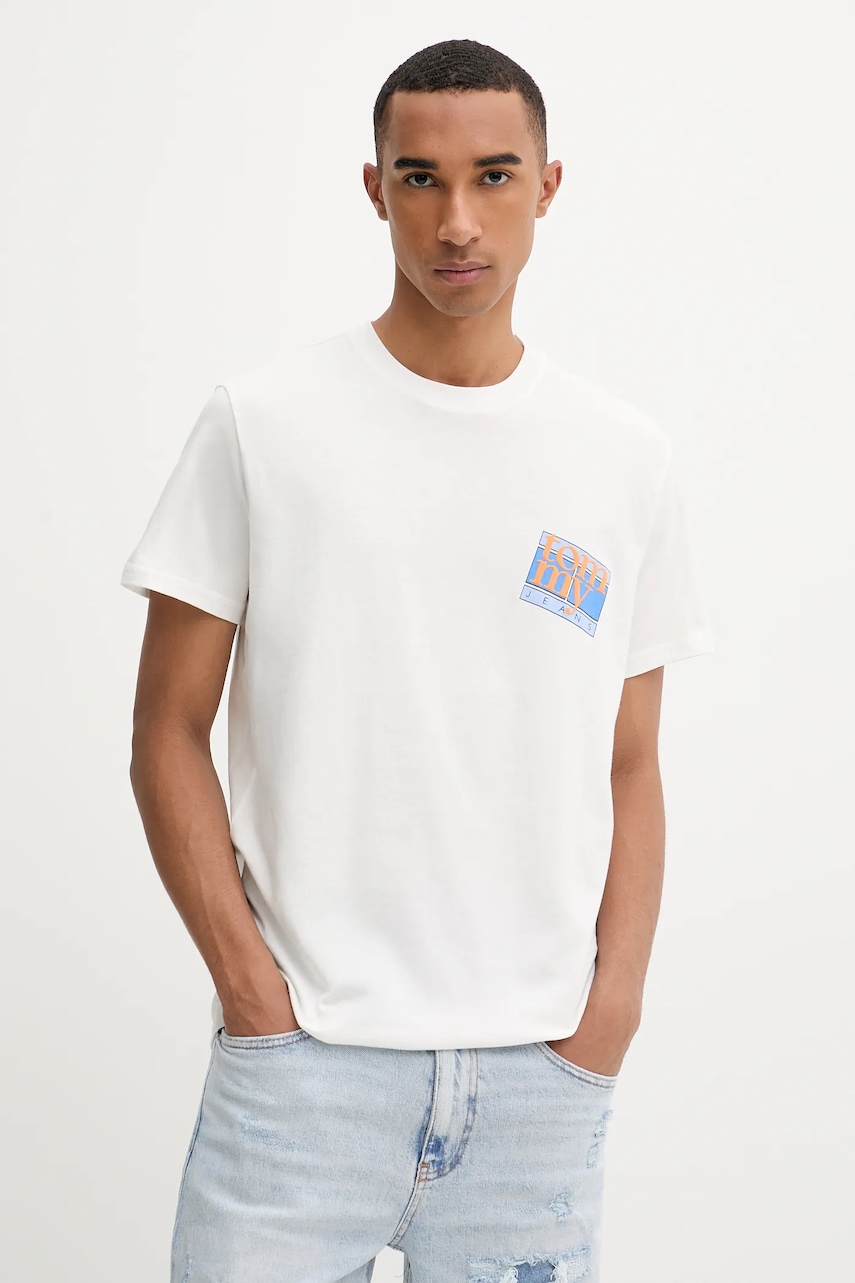 Bavlněné tričko Tommy Jeans pánské, béžová barva, s potiskem, DM0DM22127