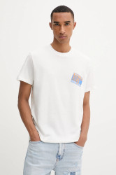 Bavlněné tričko Tommy Jeans pánské, béžová barva, s potiskem, DM0DM22127