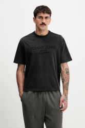 Bavlněné tričko Tommy Jeans pánské, černá barva, s aplikací, DM0DM22330