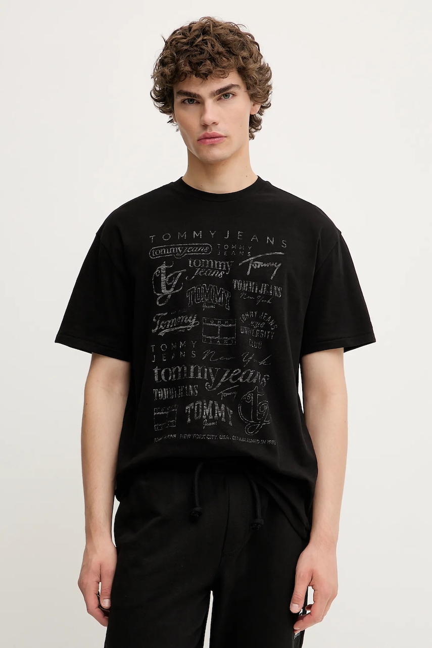 Bavlněné tričko Tommy Jeans pánské, černá barva, s potiskem, DM0DM21584