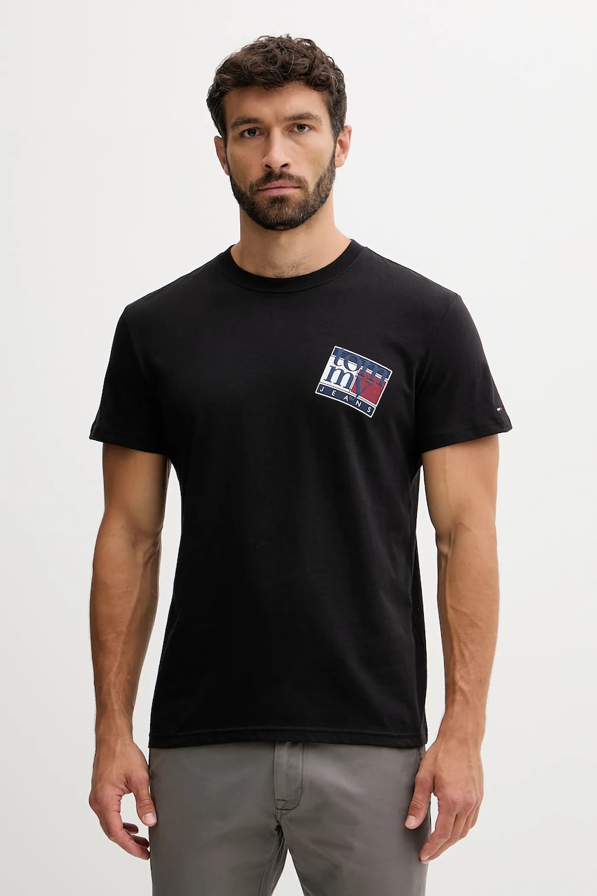 Bavlněné tričko Tommy Jeans pánské, černá barva, s potiskem, DM0DM22127