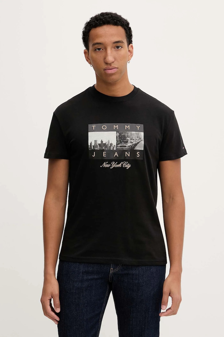 Bavlněné tričko Tommy Jeans pánské, černá barva, s potiskem, DM0DM22464