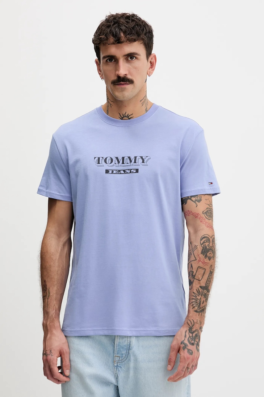 Bavlněné tričko Tommy Jeans pánské, modrá barva, s potiskem, DM0DM22322
