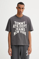 Bavlněné tričko Tommy Jeans pánské, šedá barva, s potiskem, DM0DM21988