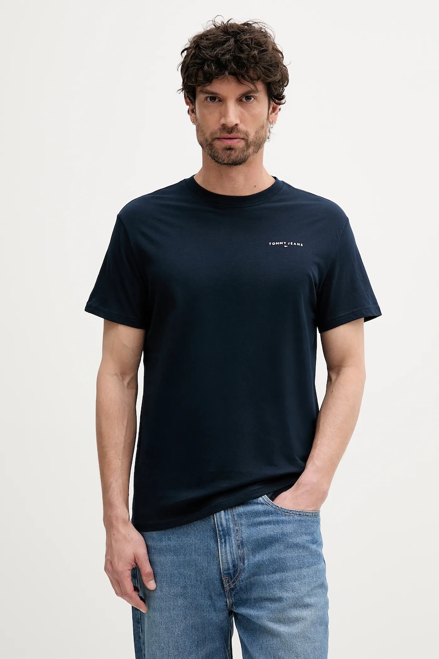 Bavlněné tričko Tommy Jeans pánské, tmavomodrá barva, s potiskem, DM0DM21780