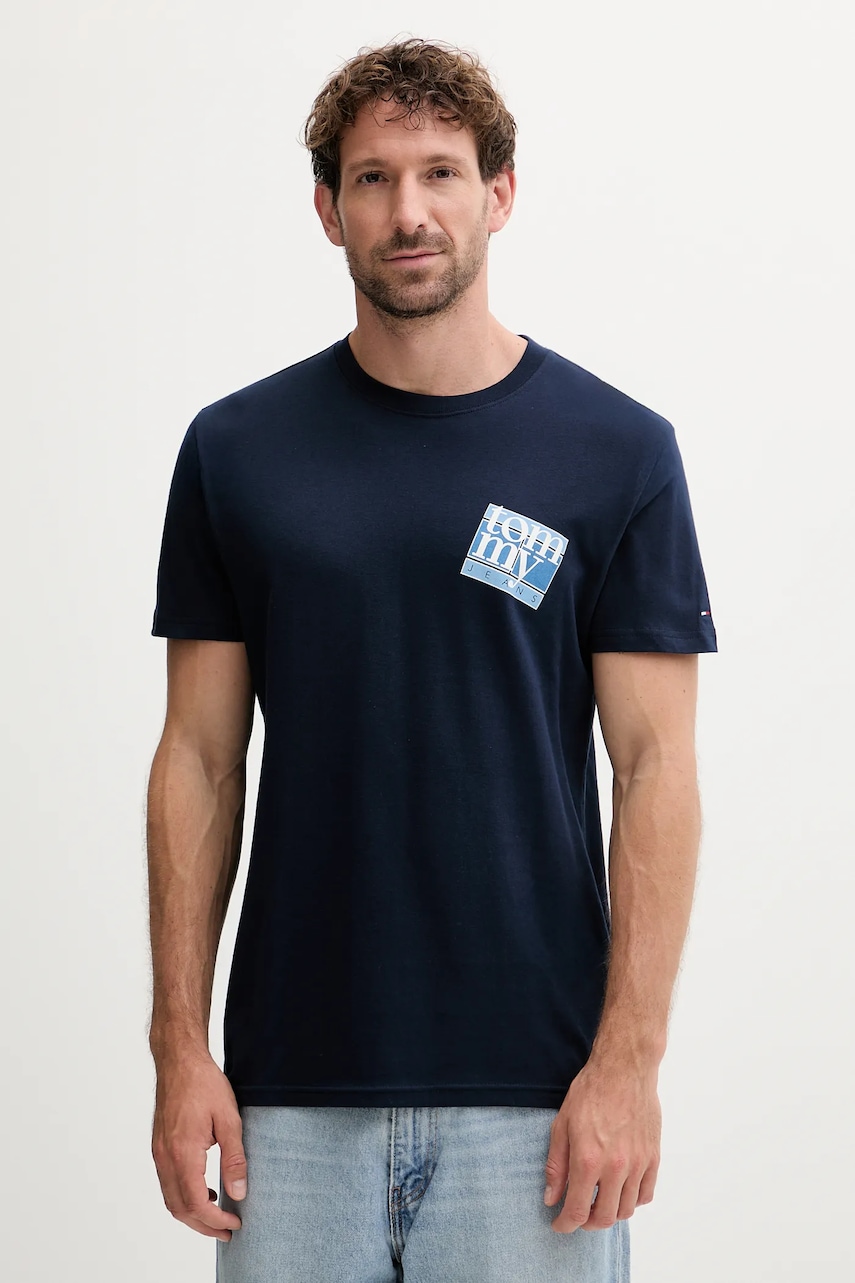 Bavlněné tričko Tommy Jeans pánské, tmavomodrá barva, s potiskem, DM0DM22127
