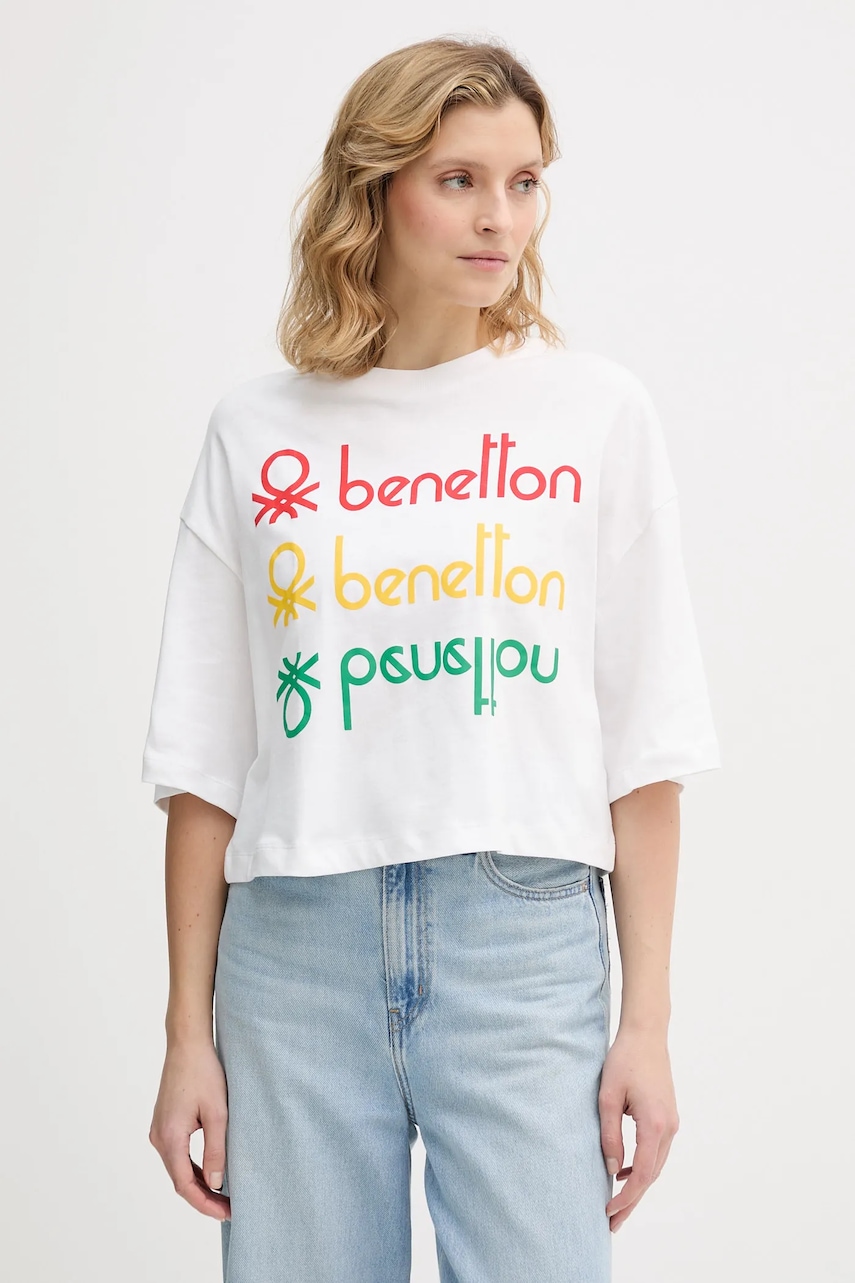 Bavlněné tričko United Colors of Benetton x Stranger Things dámské, bílá barva, 3BL0D10BC