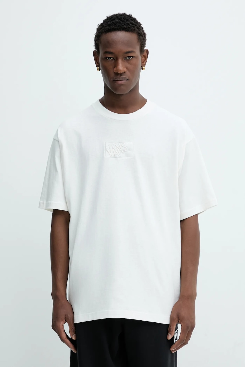 Bavlněné tričko Vans pánské, béžová barva, s aplikací, VN000RAPFS81