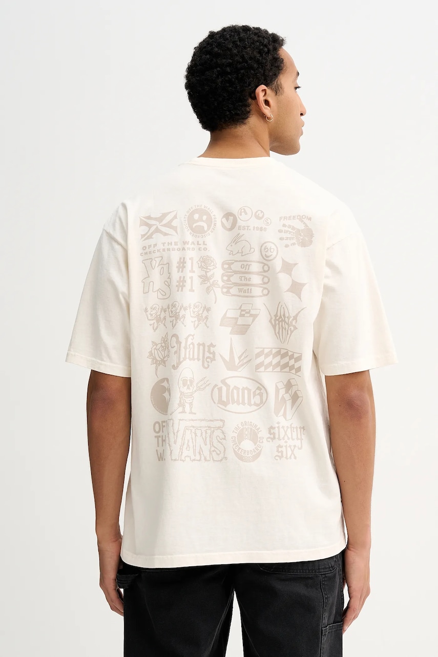 Bavlněné tričko Vans pánské, béžová barva, s potiskem, VN000PCWFS81