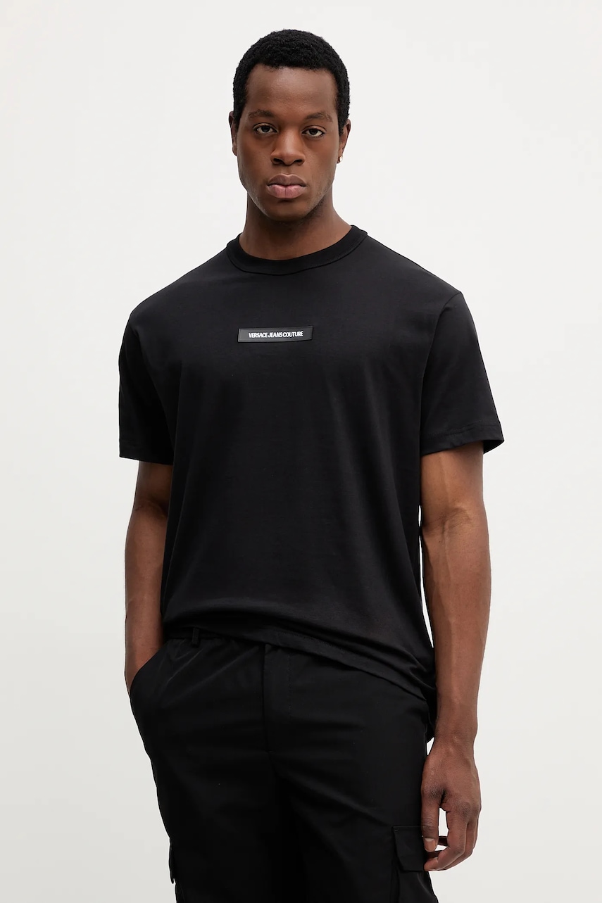 Bavlněné tričko Versace Jeans Couture pánské, černá barva, s aplikací, 79GAHT02 CJ00T