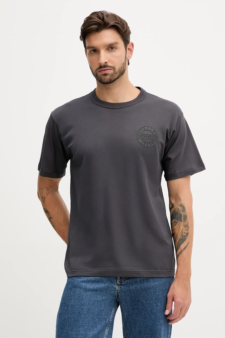 Bavlněné tričko Versace Jeans Couture pánské, šedá barva, s aplikací, 79GAHT06 CJ00T