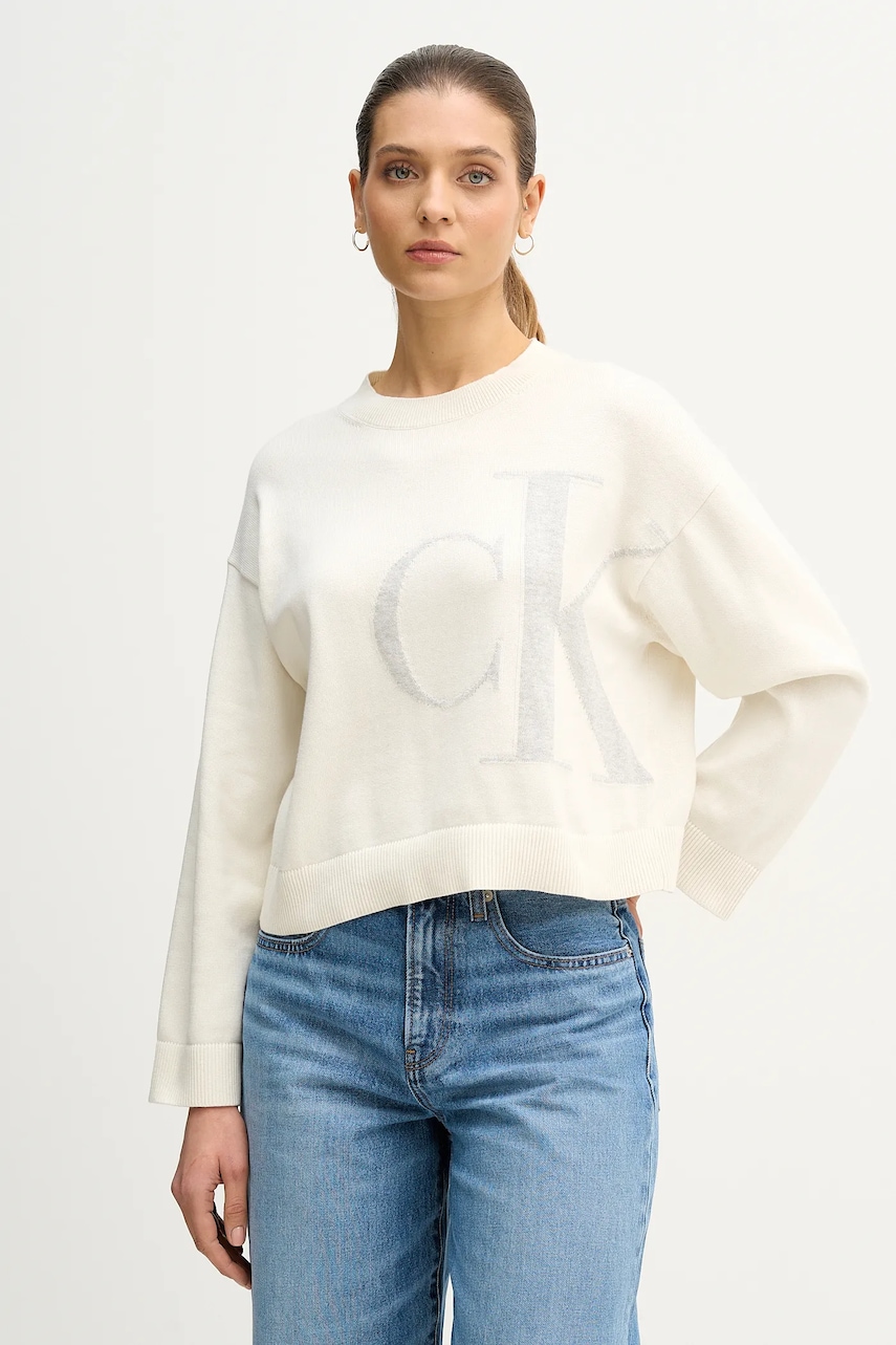Bavlněný svetr Calvin Klein Jeans dámský, béžová barva, LV047E304G