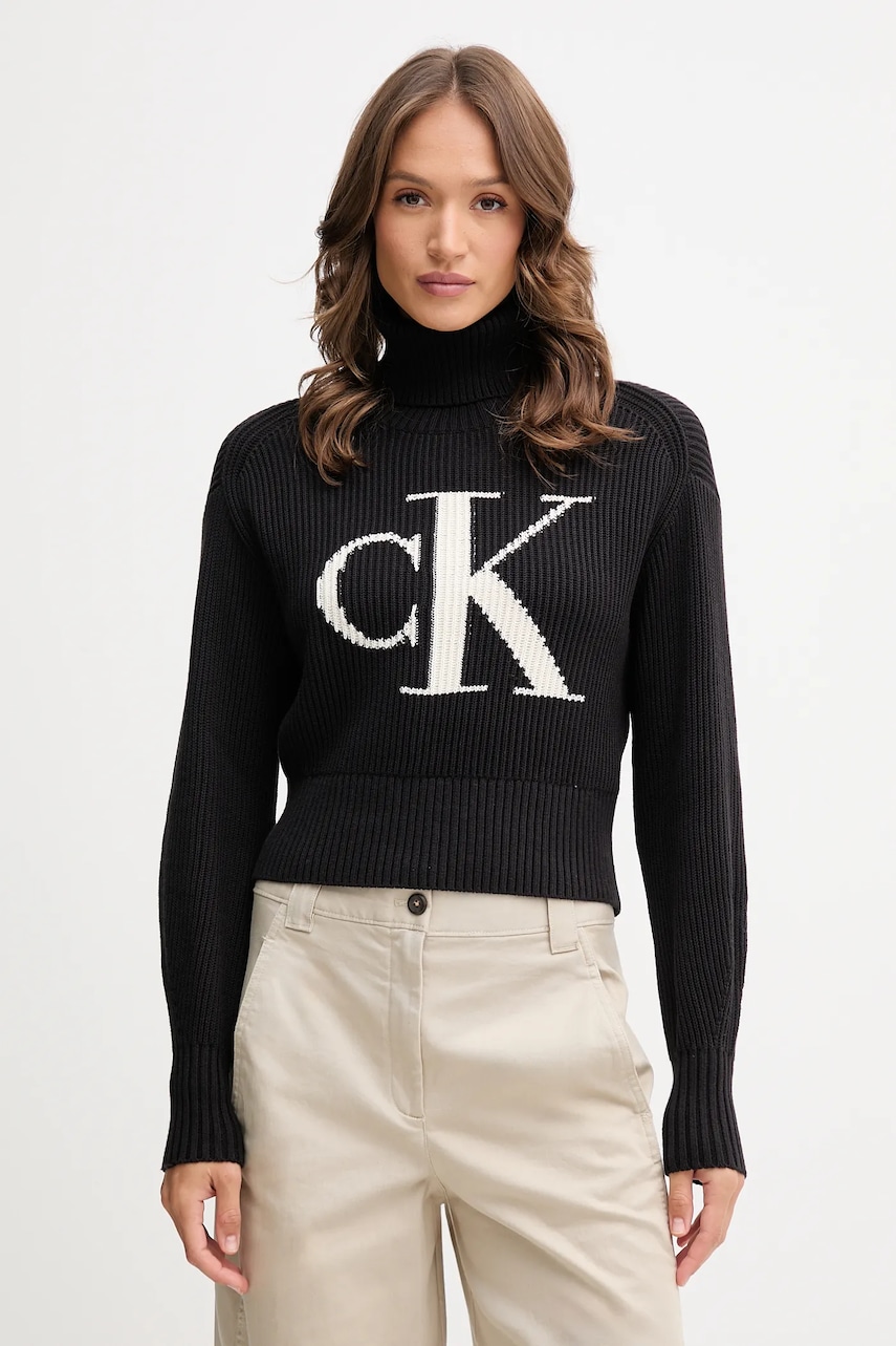 Bavlněný svetr Calvin Klein Jeans dámský, černá barva, s golfem, LV047D349G