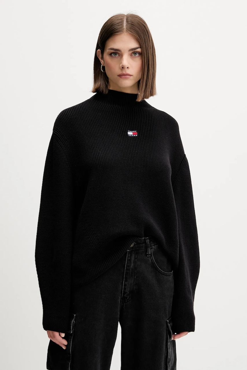 Bavlněný svetr Tommy Jeans dámský, černá barva, s pologolfem, DW0DW21676