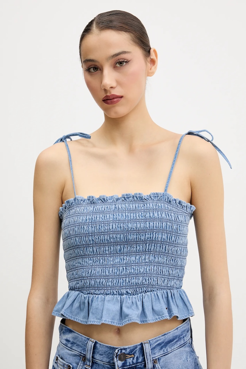 Bavlněný top Tommy Jeans dámský, modrá barva, DW0DW20284