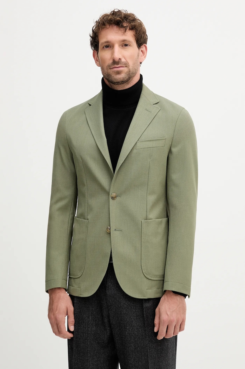 Blazer s příměsí vlny BOSS P-Hanry-WG-253 pánský, zelená barva, 50546055