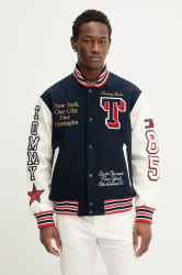 Bomber bunda s příměsí vlny Tommy Jeans tmavomodrá barva, DM0DM22729