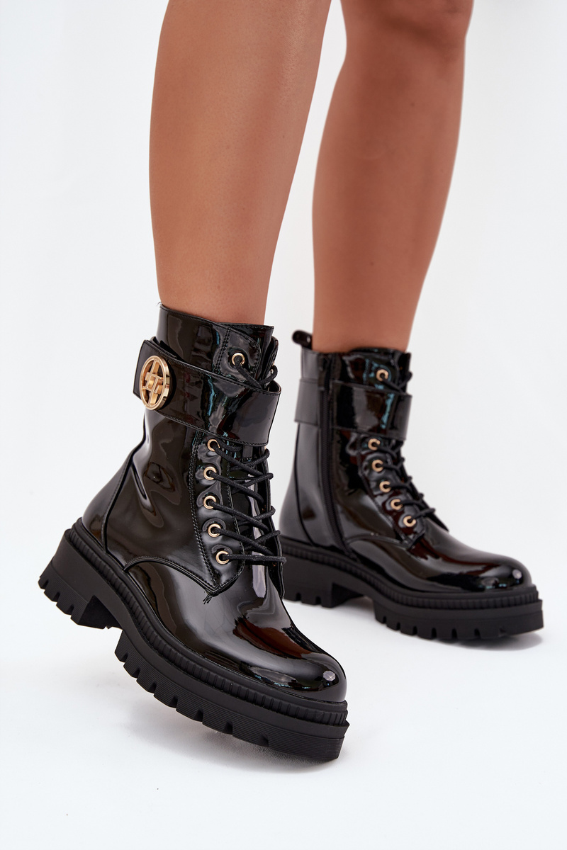 Boto Lakované boty worker dámské se zlatým detailem zateplené černé Fiorena