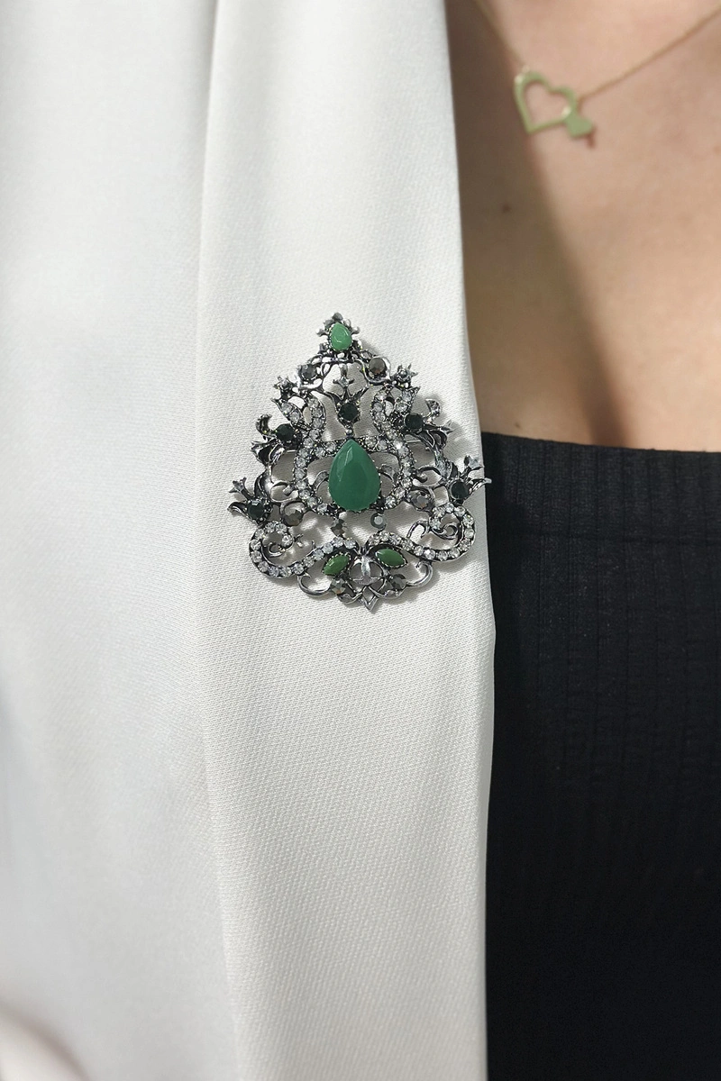 Brož XZ459-191 stříbrná + zelená