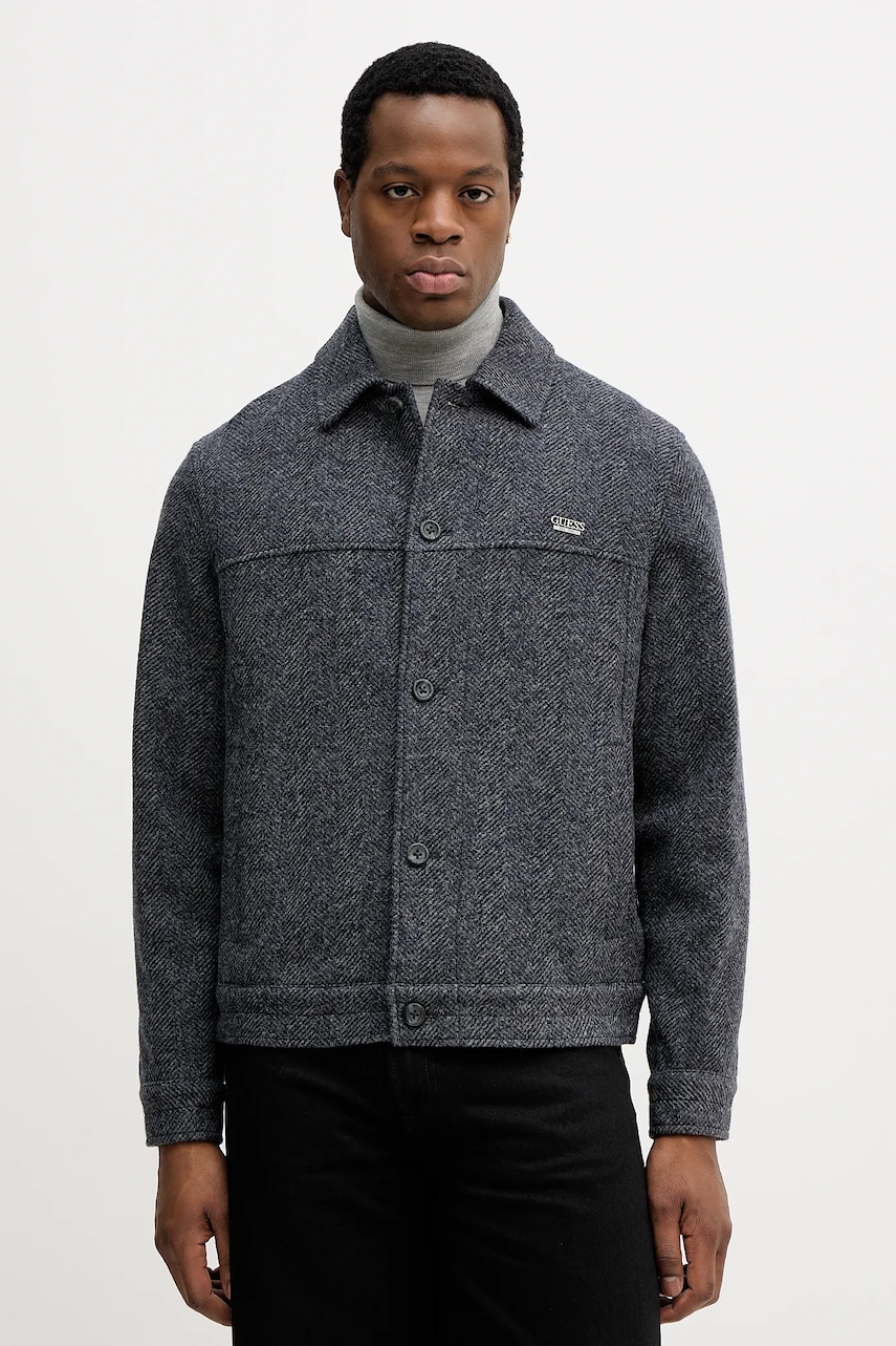 Bunda s příměsí vlny Guess HERRINGBONE šedá barva, M5BH88 KA680