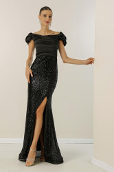 By Saygı Madonna Neck Low Sleeve Front Draped Astered Top Satin Bottom Sequined Long Dress