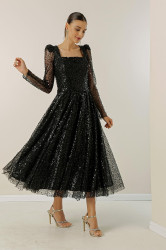 By Saygı Square Neck Long Sleeve Lined Sequined Beaded Dress