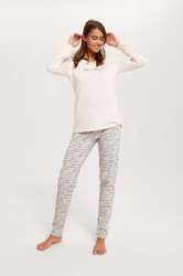 Dámské pyžamo Karla, dlouhý rukáv, dlouhé nohavice - lososově růžová/potisk