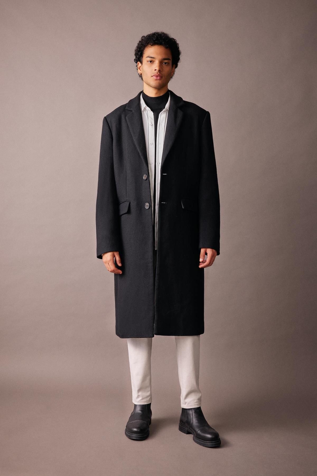 DEFACTO Slim Fit Cashmere Coat Parka Slim Cut Lined Buttoned Pocket
