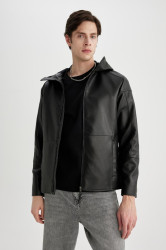 DEFACTO Slim Fit Faux Leather Jacket Coat Slim Cut Hooded Zippered Pocket Seasonal