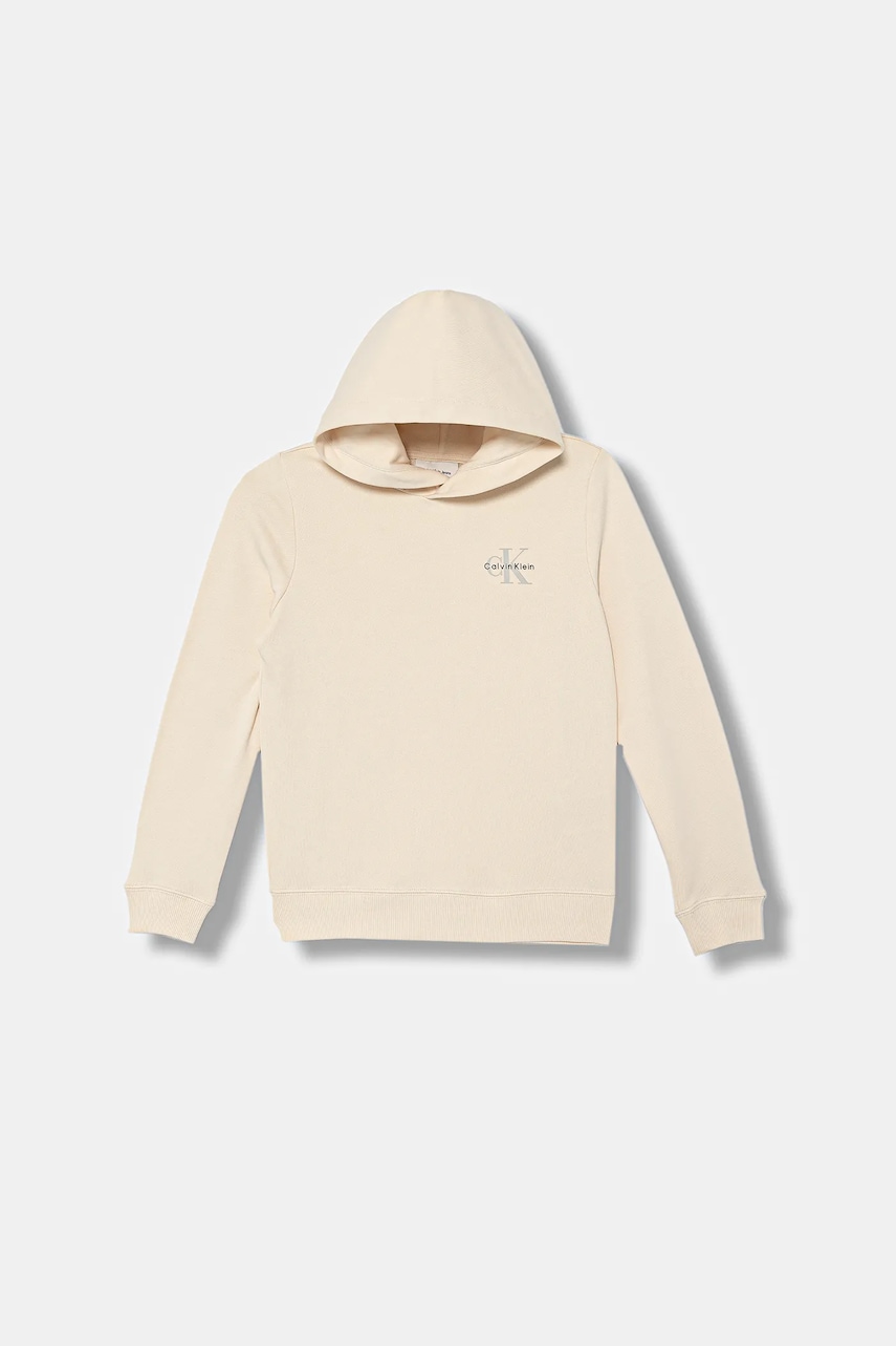 Dětská bavlněná mikina Calvin Klein Jeans béžová barva, s kapucí, s potiskem, IU0IU00712