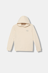 Dětská bavlněná mikina Calvin Klein Jeans béžová barva, s kapucí, s potiskem, IU0IU00712