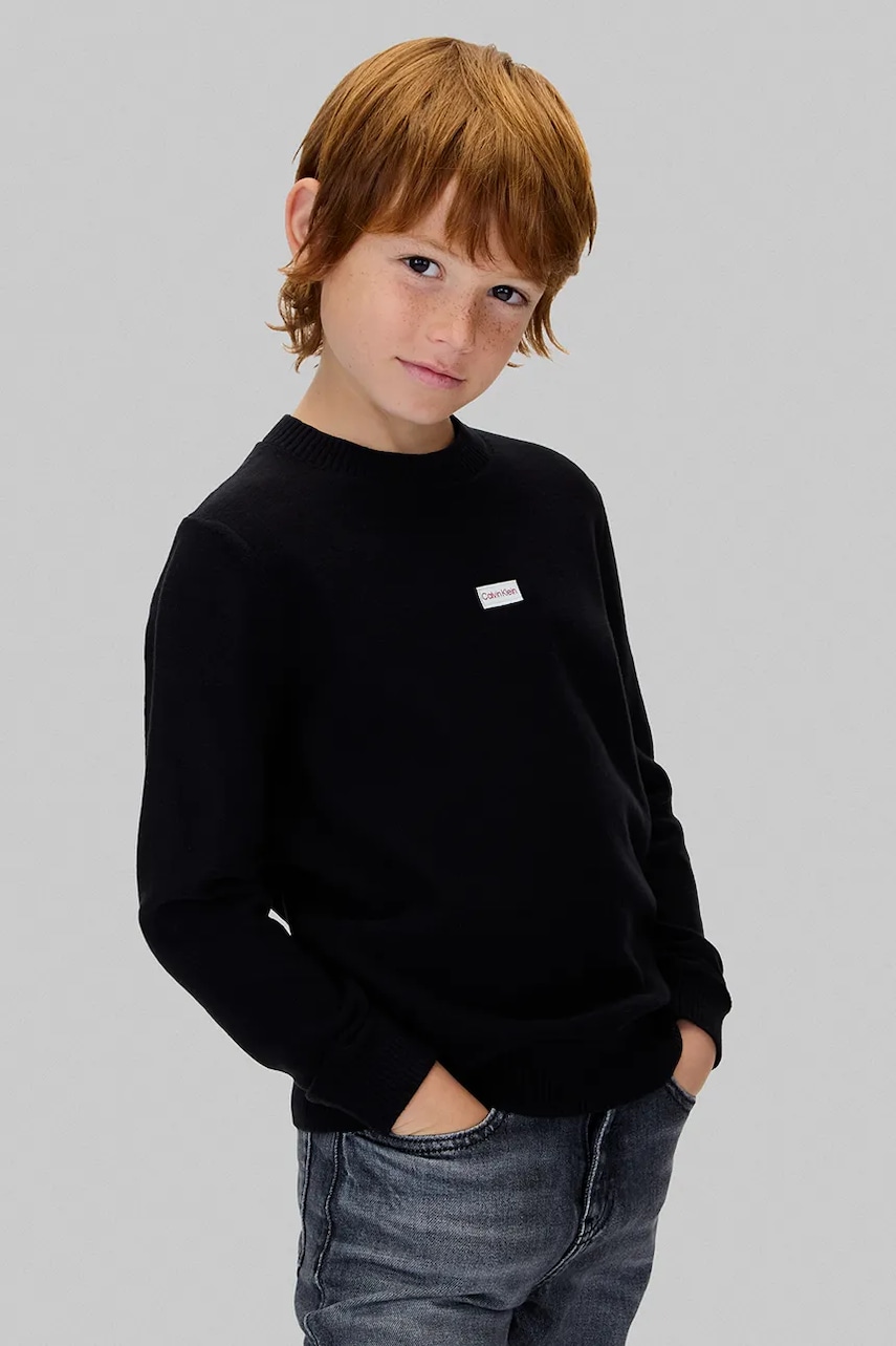 Dětská bavlněná mikina Calvin Klein Jeans černá barva, s aplikací, IB0IB02596