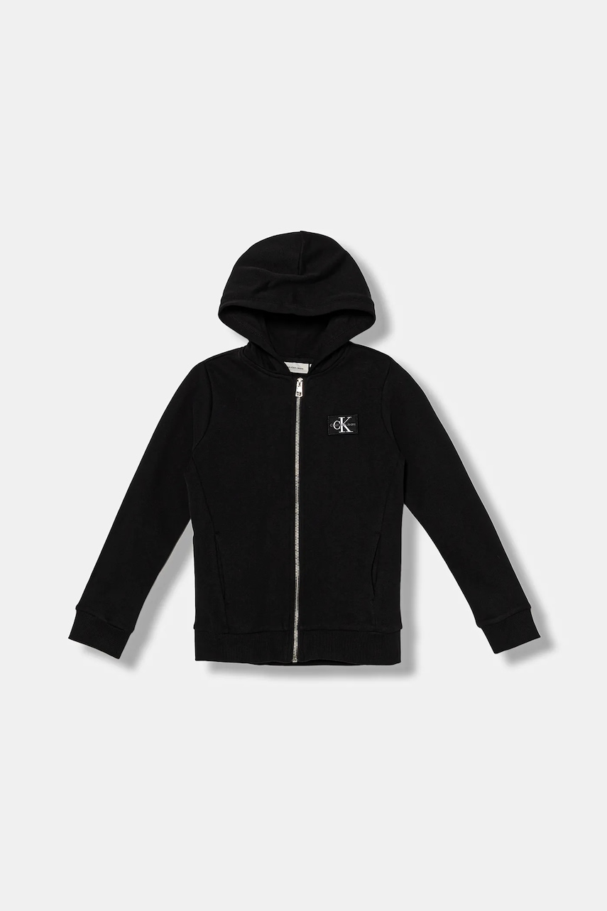 Dětská bavlněná mikina Calvin Klein Jeans černá barva, s kapucí, s aplikací, IB0IB02213