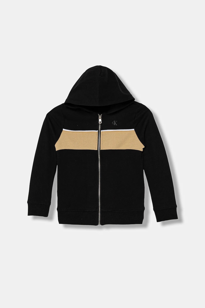 Dětská bavlněná mikina Calvin Klein Jeans černá barva, s kapucí, vzorovaná, IB0IB02620