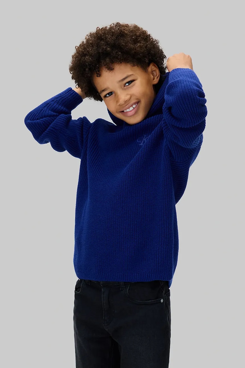 Dětská bavlněná mikina Calvin Klein Jeans modrá barva, s kapucí, IB0IB02577