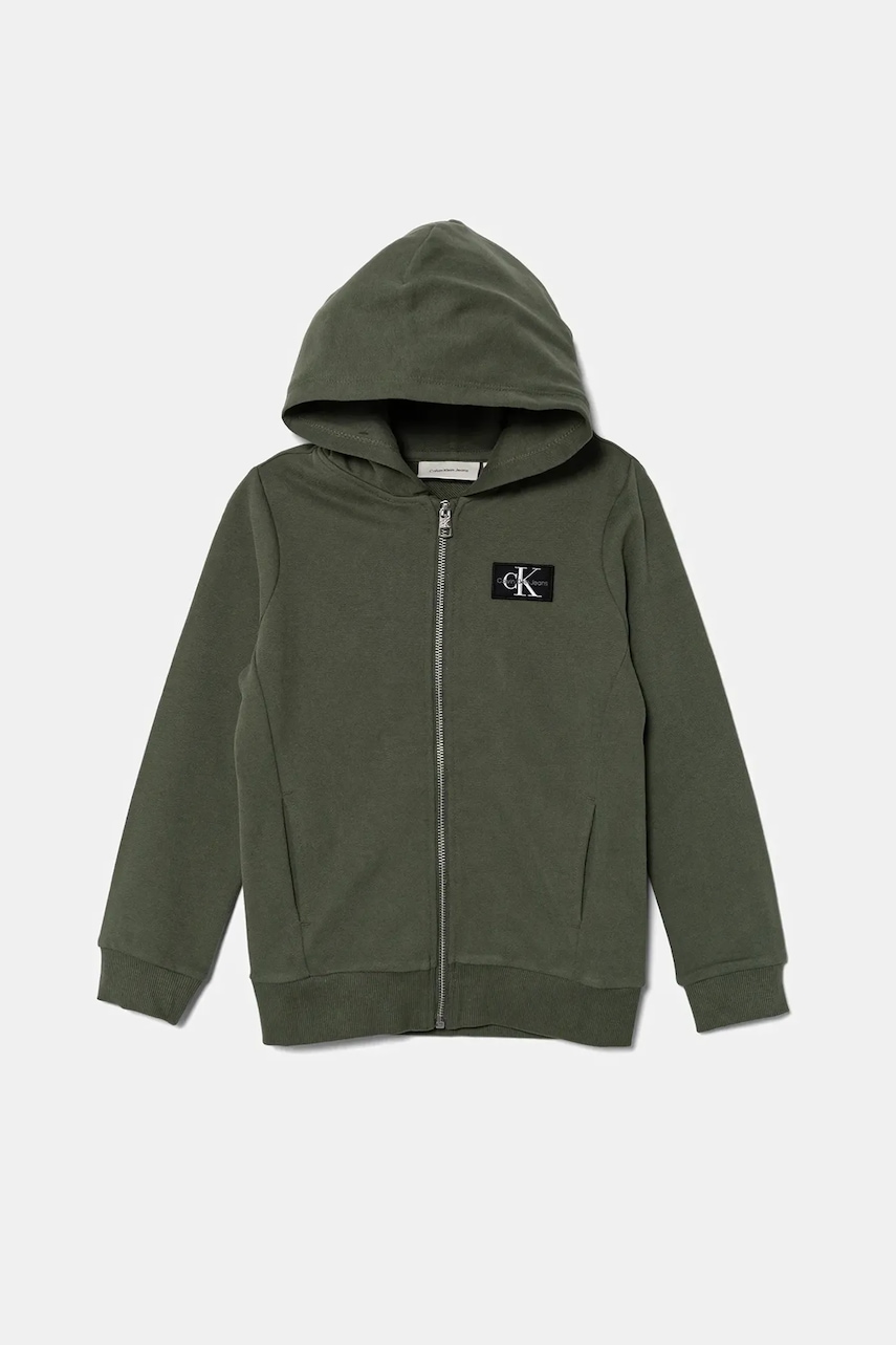 Dětská bavlněná mikina Calvin Klein Jeans zelená barva, s kapucí, s aplikací, IB0IB02213