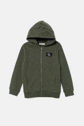 Dětská bavlněná mikina Calvin Klein Jeans zelená barva, s kapucí, s aplikací, IB0IB02213