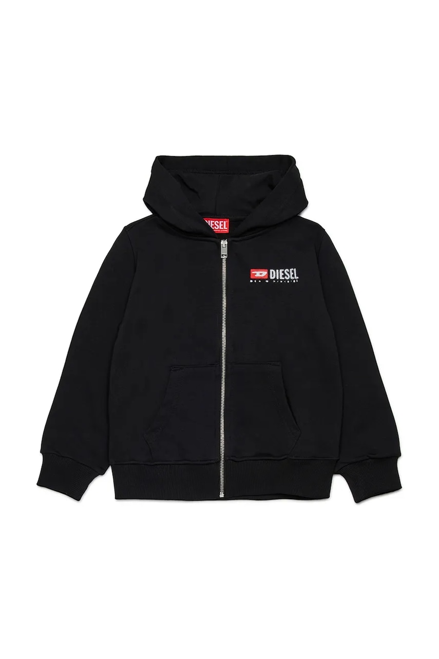 Dětská bavlněná mikina Diesel SDROPSHOODZ OVER SWEAT-SHIRT černá barva, s kapucí, s potiskem, J02484