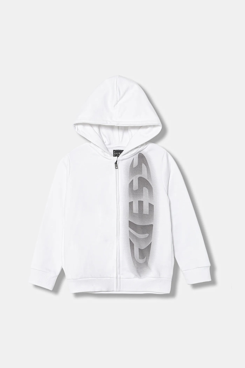 Dětská bavlněná mikina Guess bílá barva, s kapucí, s potiskem, N5YQ08 KAD74
