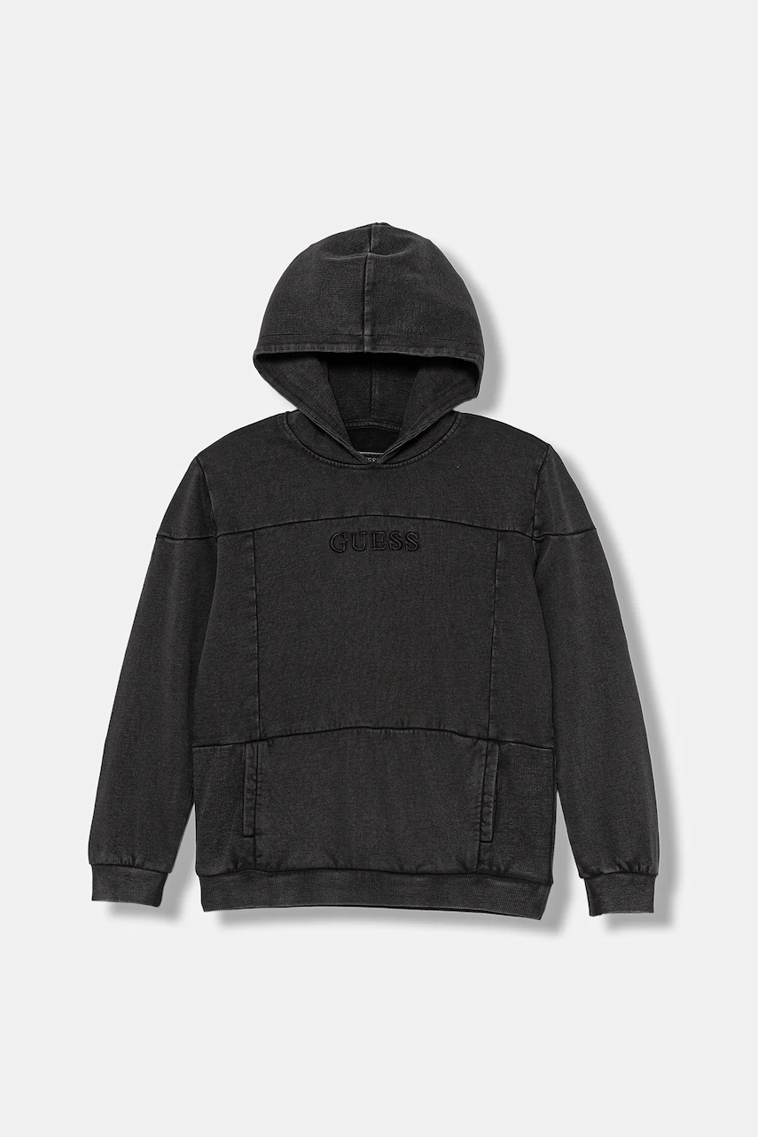 Dětská bavlněná mikina Guess černá barva, s kapucí, hladká, L5YQ08 KAX74