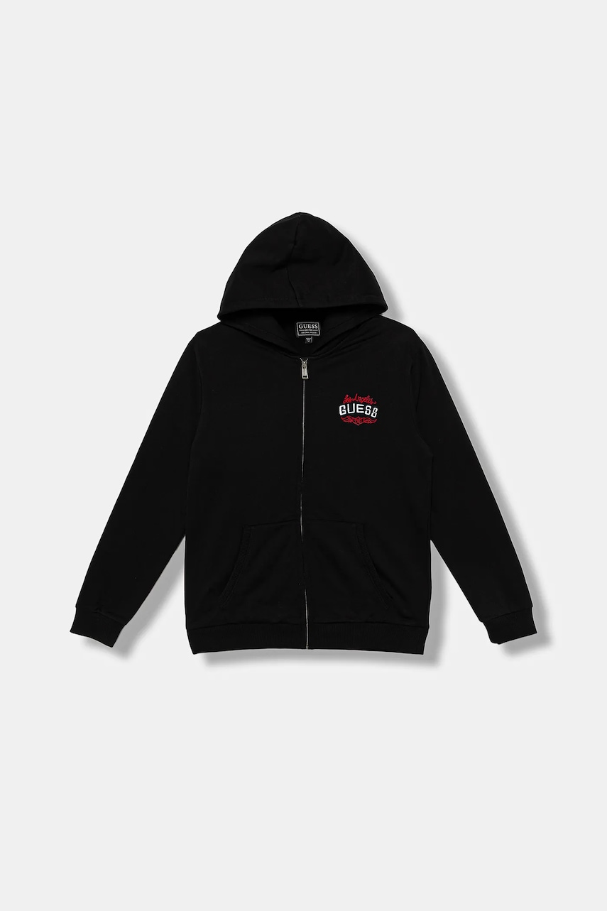 Dětská bavlněná mikina Guess černá barva, s kapucí, vzorovaná, L5BQ06 KAX74