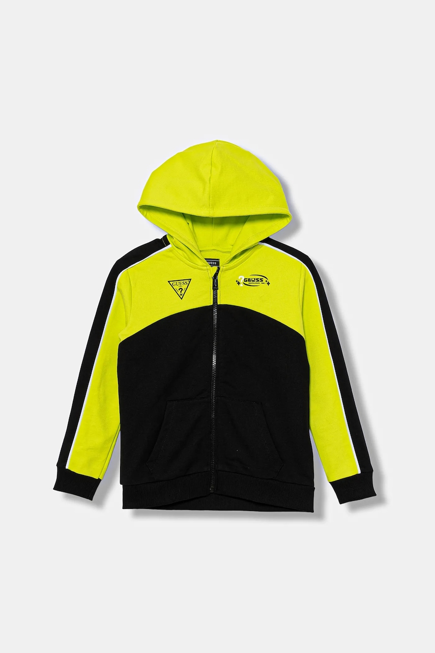 Dětská bavlněná mikina Guess černá barva, s kapucí, vzorovaná, N5YQ02 KA6R4