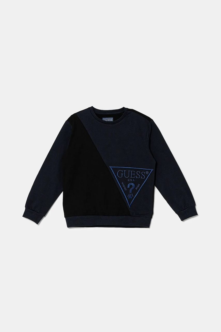 Dětská bavlněná mikina Guess tmavomodrá barva, s aplikací, L5YQ04 KA6R4