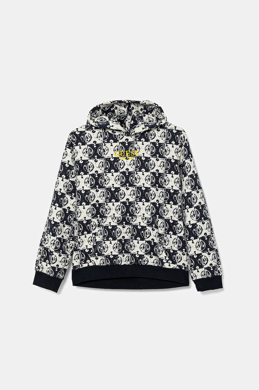 Dětská bavlněná mikina Guess tmavomodrá barva, s kapucí, vzorovaná, L5GQ03 KA6R4