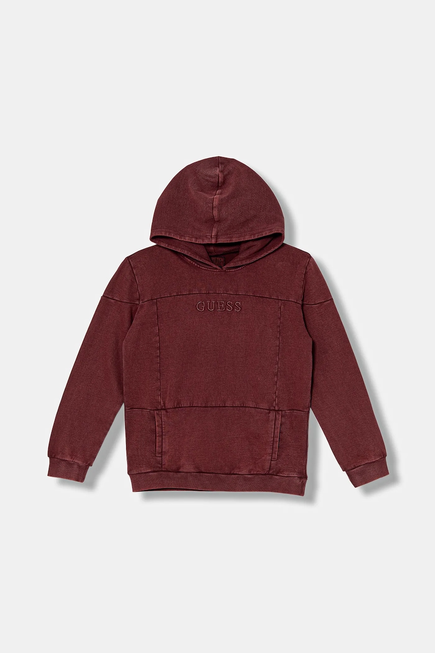 Dětská bavlněná mikina Guess vínová barva, s kapucí, hladká, L5YQ08 KAX74