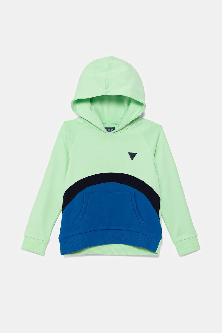 Dětská bavlněná mikina Guess zelená barva, s kapucí, vzorovaná, N5GQ02 KA6R4