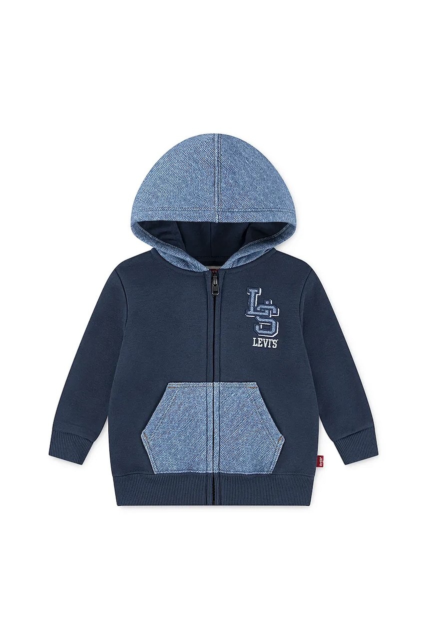 Dětská bavlněná mikina Levi's KNIT DENIM ZIP UP tmavomodrá barva, s kapucí, s potiskem, 6EN725