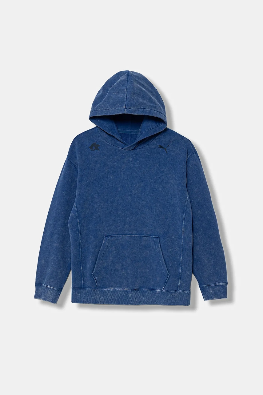 Dětská bavlněná mikina Puma PUMA X SONIC Relaxed Graphic Hoodie TR modrá barva, s kapucí, vzorovaná, 632382