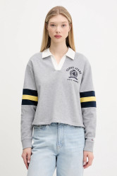 Dětská bavlněná mikina Tommy Jeans dámská, šedá barva, s aplikací, DW0DW20312