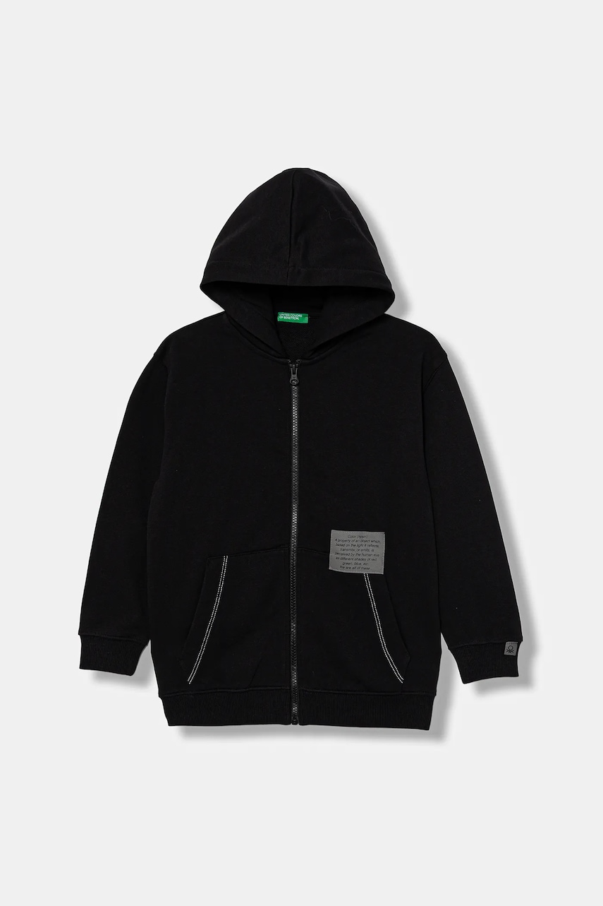 Dětská bavlněná mikina United Colors of Benetton černá barva, s kapucí, hladká, 3NBMC505H